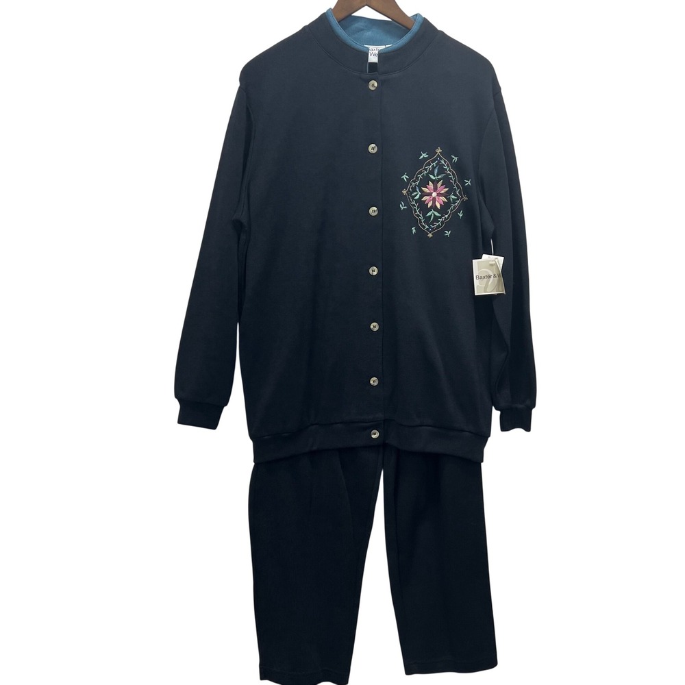 Baxter & Wells Womens Vintage Black Embroidered Floral Cardigan Pants Set Large